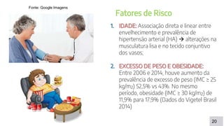 DISCUSSÃO
20
Fatores de Risco
1. IDADE: Associação direta e linear entre
envelhecimento e prevalência de
hipertensão arterial (HA)  alterações na
musculatura lisa e no tecido conjuntivo
dos vasos;
2. EXCESSO DE PESO E OBESIDADE:
Entre 2006 e 2014, houve aumento da
prevalência de excesso de peso (IMC ≥ 25
kg/m²) 52,5% vs 43%. No mesmo
período, obesidade (IMC ≥ 30 kg/m²) de
11,9% para 17,9% (Dados do Vigetel Brasil
2014)
Fonte: Google Imagens
 