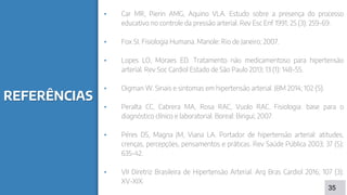 REFERÊNCIAS
▪ Car MR, Pierin AMG, Aquino VLA. Estudo sobre a presença do processo
educativo no controle da pressão arterial. Rev Esc Enf 1991; 25 (3): 259-69.
▪ Fox SI. Fisiologia Humana. Manole: Rio de Janeiro; 2007.
▪ Lopes LO, Moraes ED. Tratamento não medicamentoso para hipertensão
arterial. Rev Soc Cardiol Estado de São Paulo 2013; 13 (1): 148-55.
▪ Oigman W. Sinais e sintomas em hipertensão arterial. JBM 2014; 102 (5).
▪ Peralta CC, Cabrera MA, Rosa RAC, Vuolo RAC. Fisiologia: base para o
diagnóstico clínico e laboratorial. Boreal: Birigui; 2007.
▪ Péres DS, Magna JM, Viana LA. Portador de hipertensão arterial: atitudes,
crenças, percepções, pensamentos e práticas. Rev Saúde Pública 2003; 37 (5):
635-42.
▪ VII Diretriz Brasileira de Hipertensão Arterial. Arq Bras Cardiol 2016; 107 (3):
XV-XIX.
35
 