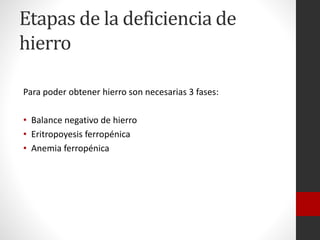 Etapas de la deficiencia de
hierro
Para poder obtener hierro son necesarias 3 fases:
• Balance negativo de hierro
• Eritropoyesis ferropénica
• Anemia ferropénica

 
