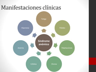 Manifestaciones clínicas
Fatiga

Hiporexia

Palidez

Síndrome
anémico
Astenia

Palpitaciones

Cefalea

Disnea

 
