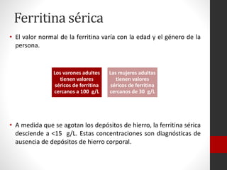 Ferritina sérica
• El valor normal de la ferritina varía con la edad y el género de la
persona.

Los varones adultos
tienen valores
séricos de ferritina
cercanos a 100 g/L

Las mujeres adultas
tienen valores
séricos de ferritina
cercanos de 30 g/L

• A medida que se agotan los depósitos de hierro, la ferritina sérica
desciende a <15 g/L. Estas concentraciones son diagnósticas de
ausencia de depósitos de hierro corporal.

 