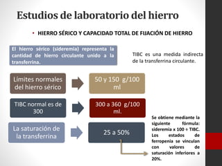 Estudios de laboratorio del hierro
• HIERRO SÉRICO Y CAPACIDAD TOTAL DE FIJACIÓN DE HIERRO
El hierro sérico (sideremia) representa la
cantidad de hierro circulante unido a la
transferrina.

TIBC es una medida indirecta
de la transferrina circulante.

Límites normales
del hierro sérico

50 y 150 g/100
ml

TIBC normal es de
300

300 a 360 g/100
ml.

La saturación de
la transferrina

25 a 50%

Se obtiene mediante la
siguiente
fórmula:
sideremia x 100 ÷ TIBC.
Los
estados
de
ferropenia se vinculan
con
valores
de
saturación inferiores a
20%.

 