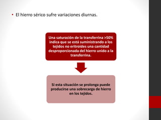• El hierro sérico sufre variaciones diurnas.

Una saturación de la transferrina >50%
indica que se está suministrando a los
tejidos no eritroides una cantidad
desproporcionada del hierro unido a la
transferrina.

Si esta situación se prolonga puede
producirse una sobrecarga de hierro
en los tejidos.

 