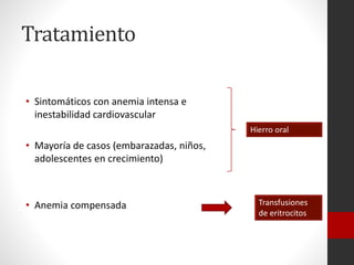 Tratamiento
• Sintomáticos con anemia intensa e
inestabilidad cardiovascular
Hierro oral

• Mayoría de casos (embarazadas, niños,
adolescentes en crecimiento)

• Anemia compensada

Transfusiones
de eritrocitos

 