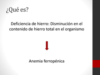 ¿Qué es?
Deficiencia de hierro: Disminución en el
contenido de hierro total en el organismo

Anemia ferropénica

 