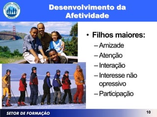 Desenvolvimento da
    Afetividade

        • Filhos maiores:
          – Amizade
          – Atenção
          – Interação
          – Interesse não
            opressivo
          – Participação

                            10
 