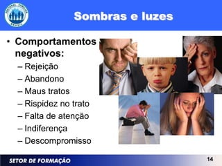 Sombras e luzes

• Comportamentos
  negativos:
 – Rejeição
 – Abandono
 – Maus tratos
 – Rispidez no trato
 – Falta de atenção
 – Indiferença
 – Descompromisso

                                 14
 