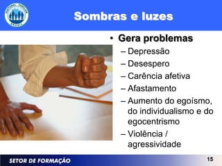 Sombras e luzes
     • Gera problemas
       – Depressão
       – Desespero
       – Carência afetiva
       – Afastamento
       – Aumento do egoísmo,
         do individualismo e do
         egocentrismo
       – Violência /
         agressividade
                             15
 