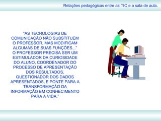 Relações pedagógicas entre as TIC e a sala de aula. “ AS TECNOLOGIAS DE COMUNICAÇÃO NÃO SUBSTITUEM O PROFESSOR, MAS MODIFICAM ALGUMAS DE SUAS FUNÇÕES...” O PROFESSOR PRECISA SER UM ESTIMULADOR DA CURIOSIDADE DO ALUNO, COORDENADOR DO PROCESSO DE APRESENTAÇÃO DOS RESULTADOS, QUESTIONADOR DOS DADOS APRESENTADOS, E PONTE PARA A TRANSFORMAÇÃO DA INFORMAÇÃO EM CONHECIMENTO PARA A VIDA.” 