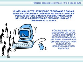 CHATS, MSN, SKYPE: ATRAVÉS DE PROGRAMAS E CANAIS ESPECÍFICOS PODE-SE CONVERSAR AO VIVO E CONHECER  PESSOAS DE TODO O MUNDO. POSSIBILITANDO ASSIM MELHORAR A ESTRATÉGIA DO ENSINO DE LÍNGUAS E  DIFERENTES CULTURAS. Relações pedagógicas entre as TIC e a sala de aula. FÓRUNS  E LISTAS DE DISCUSSÃO: UM LOCAL NA WEB, DESTINADO A RECEBER MENSAGENS VIA E-MAIL E MANTÊ-LAS EM UM ENDEREÇO PARA CONSULTA NA SEQUENCIA QUE SÃO ENVIADAS 