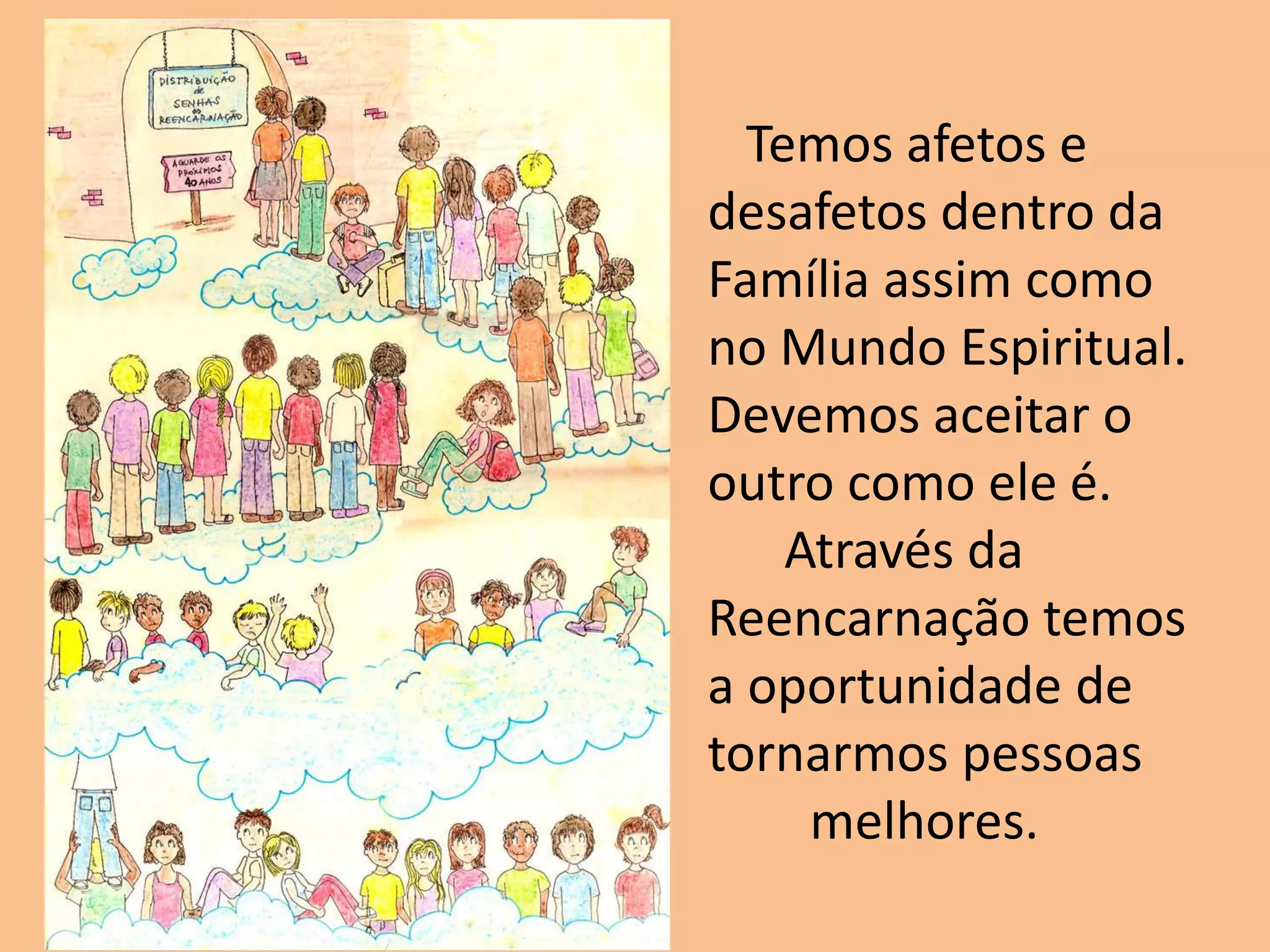 Temos afetos e
desafetos dentro da
Família assim como
no Mundo Espiritual.
Devemos aceitar o
outro como ele é.
Através da
Reencarnação temos
a oportunidade de
tornarmos pessoas
melhores.
 