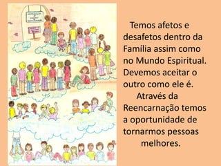 Temos afetos e
desafetos dentro da
Família assim como
no Mundo Espiritual.
Devemos aceitar o
outro como ele é.
Através da
Reencarnação temos
a oportunidade de
tornarmos pessoas
melhores.
 