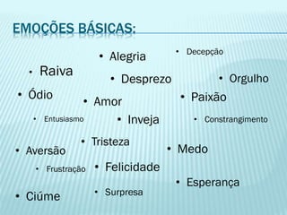 EMOÇÕES BÁSICAS:
• Raiva
• Desprezo
• Paixão
• Entusiasmo • Inveja
• Medo
• Frustração
• Decepção
• Constrangimento
• Aversão
• Felicidade
• Ódio
• Esperança
• Ciúme
• Alegria
• Amor
• Orgulho
• Surpresa
• Tristeza
 