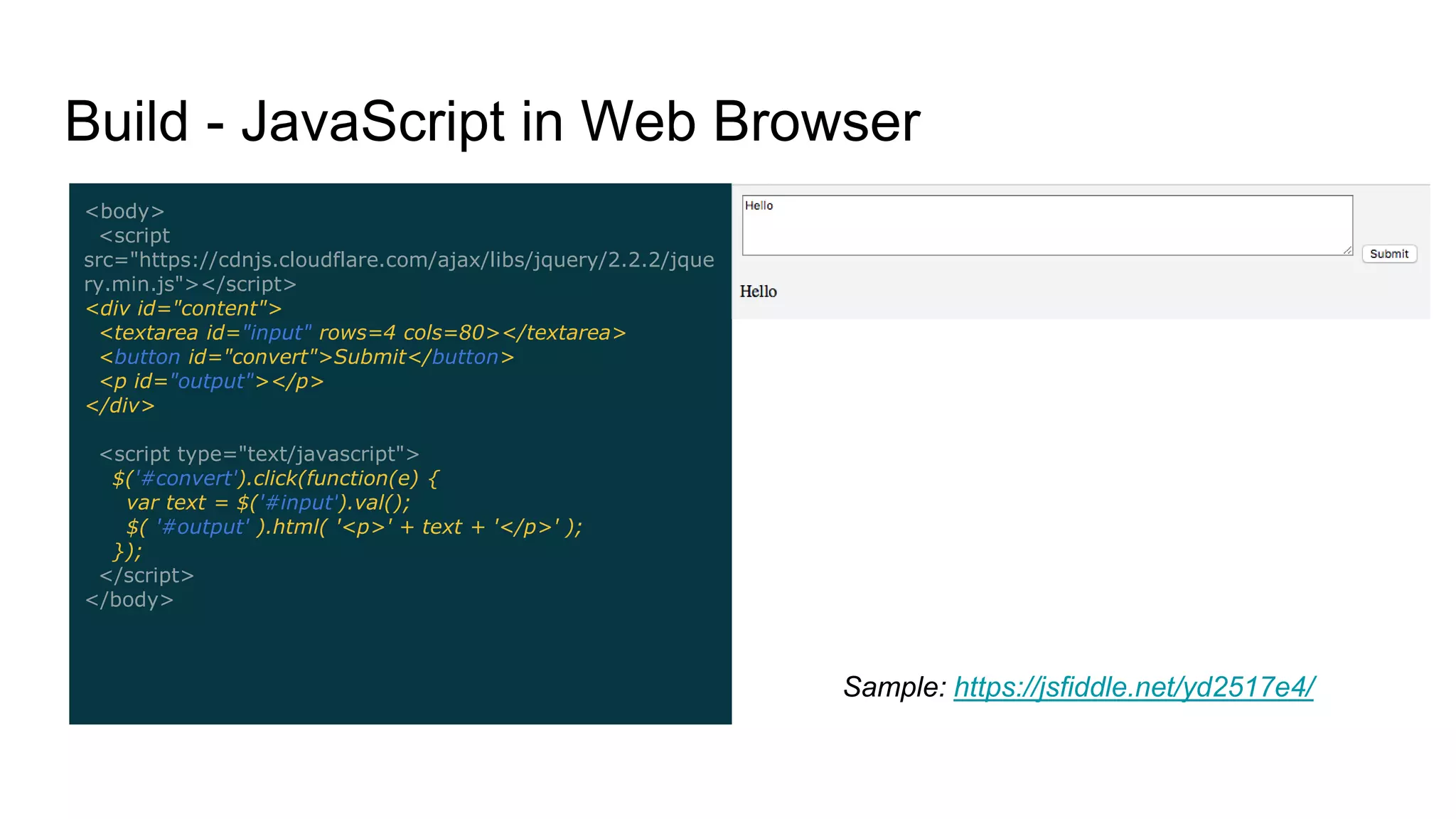 Build - JavaScript in Web Browser
<body>
<script
src="https://cdnjs.cloudflare.com/ajax/libs/jquery/2.2.2/jque
ry.min.js"></script>
<div id="content">
<textarea id="input" rows=4 cols=80></textarea>
<button id="convert">Submit</button>
<p id="output"></p>
</div>
<script type="text/javascript">
$('#convert').click(function(e) {
var text = $('#input').val();
$( '#output' ).html( '<p>' + text + '</p>' );
});
</script>
</body>
Sample: https://jsfiddle.net/yd2517e4/
 