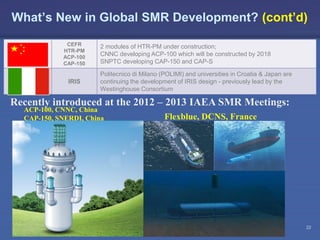 What’s New in Global SMR Development? (cont’d)
CEFR
HTR-PM
ACP-100
CAP-150

IRIS

2 modules of HTR-PM under construction;
CNNC developing ACP-100 which will be constructed by 2018
SNPTC developing CAP-150 and CAP-S
Politecnico di Milano (POLIMI) and universities in Croatia & Japan are
continuing the development of IRIS design - previously lead by the
Westinghouse Consortium

Recently introduced at the 2012 – 2013 IAEA SMR Meetings:
ACP-100, CNNC, China
CAP-150, SNERDI, China

IAEA

Flexblue, DCNS, France

22

 
