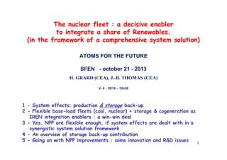 The nuclear fleet : a decisive enabler
to integrate a share of Renewables.
(in the framework of a comprehensive system solution)
ATOMS FOR THE FUTURE
SFEN - october 21 - 2013
H. GRARD (CEA), J.-B. THOMAS (CEA)
V- 6 : 18/10 – 13h30

1 - System effects; production & storage back-up
2 - Flexible base-load fleets (coal, nuclear) + storage & cogeneration as
IREN integration enablers : a win-win deal
3 - Yes, NPP are flexible enough, if system effects are dealt with in a
synergistic system solution framework
4 - An overview of storage back-up contribution
5 - Going on with NPP improvements : some innovation and R&D issues

1

 