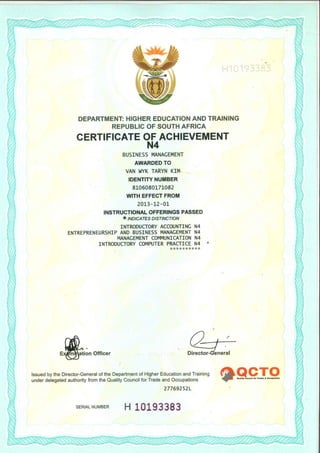 Certificate of Achievement - N4
