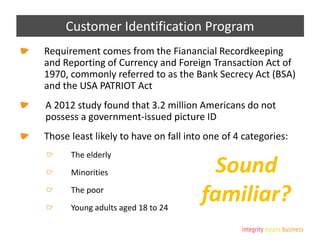Customer Identification Program
Requirement comes from the Fianancial Recordkeeping
and Reporting of Currency and Foreign Transaction Act of
1970, commonly referred to as the Bank Secrecy Act (BSA)
and the USA PATRIOT Act
A 2012 study found that 3.2 million Americans do not
possess a government-issued picture ID
Those least likely to have on fall into one of 4 categories:
The elderly
Minorities
The poor
Young adults aged 18 to 24
Sound
familiar?
 