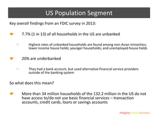 US Population Segment
Key overall findings from an FDIC survey in 2013:
7.7% (1 in 13) of all households in the US are unbanked
Highest rates of unbanked households are found among non-Asian minorities;
lower income house holds; younger households; and unemployed house holds
20% are underbanked
They had a bank account, but used alternative financial service providers
outside of the banking system
So what does this mean?
More than 34 million households of the 132.2 million in the US do not
have access to/do not use basic financial services – transaction
accounts, credit cards, loans or savings accounts
 