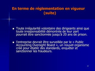 En terme de réglementation en vigueur
(suite)
Toute irrégularité volontaire des dirigeants ainsi que
toute irresponsabilité démontrée de leur part
pourrait être sanctionnée jusqu’à 20 ans de prison.
l’entreprise devrait être surveillée par le « Public
Accounting Oversight Board », un nouvel organisme
créé pour établir des standards, enquêter et
sanctionner les fraudeurs.
15