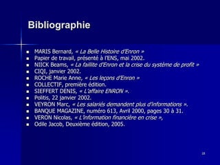 Bibliographie
MARIS Bernard, « La Belle Histoire d’Enron »
Papier de travail, présenté à l’ENS, mai 2002.
NIICK Beams, « La faillite d'Enron et la crise du système de profit »
CIQI, janvier 2002.
ROCHE Marie Anne, « Les leçons d’Enron »
COLLECTIF, première édition.
SIEFFERT DENIS, « L’affaire ENRON ».
Politis, 22 janvier 2002.
VEYRON Marc, « Les salariés demandent plus d’informations ».
BANQUE MAGAZINE, numéro 613, Avril 2000, pages 30 à 31.
VERON Nicolas, « L’information financière en crise »,
Odile Jacob, Deuxième édition, 2005.
18