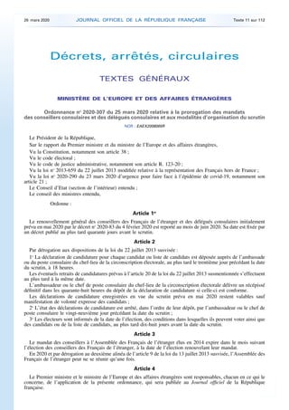 Décrets, arrêtés, circulaires
TEXTES GÉNÉRAUX
MINISTÈRE DE L’EUROPE ET DES AFFAIRES ÉTRANGÈRES
Ordonnance no
2020-307 du 2...