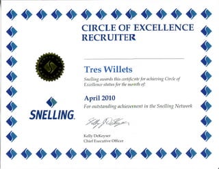 ^ ^ ^ ^ ^ ^ ^ ^ ^ ^ ^ ^ ^ ^
SNELLING.
CIRCLE OF EXCELLENCE
RECRUITER
Tres Willets
Snelling awards this certificate for achieving Circle of
Excellence status for the month of:
April 2010
For outstanding achievement in the Snelling Network
Kelly DeKeyser
Chief Executive Officer
^ ^ ^ ^ ^ ^ ^ ^ ^ ^ ^ ^ ^ ^
 