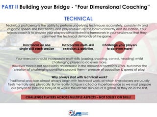 PART II Building your Bridge - “Four Dimensional Coaching”
TECHNICAL
Technical proficiency is the ability to perform underlying techniques accurately, consistently and
at game speed. The best teams and players execute the basics correctly and do it often. Your
role as coach is to provide your players with a technical framework in your sessions so that they
can meet the technical demands of the game.
Don’t focus on one
single skill each session

Incorporate multi-skill
exercises & activities

Challenge your players
to do even more!

Your exercises should incorporate multi-skills (passing, shooting, control, heading) whilst
challenging players to do even more.
However more is not necessarily an increase in the amount of technical work, but rather the
creation of challenging conditions around them – pressure of opposition & speed of play!
Why always start with technical work?
Traditional practices almost always begin with technical work, at which time players are usually
fresh mentally and physically. But in reality, fatigue is a factor in performance so we must prepare
our players to pass the ball just as well in the last ten minutes of a game as they do in the first.
CHALLENGE PLAYERS ACROSS MULTIPLE ASPECTS – NOT SOLELY ON SKILL!

 