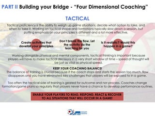 PART II Building your Bridge - “Four Dimensional Coaching”
TACTICAL
Tactical proficiency is the ability to weigh up game situations, decide what option to take, and
when to take it. Working on tactical shape and formations typically slow down a session, but
putting emphasis on your principles is different and a lot more effective.
Create activities that
dovetail your principles

Don’t break the flow. Let
the activity do the
teaching for you

Is it realistic? Would this
happen in a game?

Working alongside physical and mental components, tactical thinking is important because
players will have to make tactical decisions in a very short window of time – speed of thought will
be just as vital as physical speed.
KEEP YOUR COACHING BALANCE!
The balance of training is crucial because if the coach stops and starts the session too much, flow
disappears and you have eliminated key challenges that players will be exposed to in a game.
Too often the tactical side of training is geared for outcome and not process. Coaches change
formation/game plans so regularly that players never have a chance to develop performance routines.
ENABLE YOUR PLAYERS TO READ, RESPOND, REACT & RECOVER
TO ALL SITUATIONS THAT WILL OCCUR IN A GAME!

 