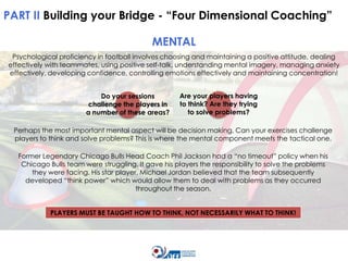 PART II Building your Bridge - “Four Dimensional Coaching”
MENTAL
Psychological proficiency in football involves choosing and maintaining a positive attitude, dealing
effectively with teammates, using positive self-talk, understanding mental imagery, managing anxiety
effectively, developing confidence, controlling emotions effectively and maintaining concentration!
Do your sessions
challenge the players in
a number of these areas?

Are your players having
to think? Are they trying
to solve problems?

Perhaps the most important mental aspect will be decision making. Can your exercises challenge
players to think and solve problems? This is where the mental component meets the tactical one.
Former Legendary Chicago Bulls Head Coach Phil Jackson had a “no timeout” policy when his
Chicago Bulls team were struggling. It gave his players the responsibility to solve the problems
they were facing. His star player, Michael Jordan believed that the team subsequently
developed “think power” which would allow them to deal with problems as they occurred
throughout the season.
PLAYERS MUST BE TAUGHT HOW TO THINK, NOT NECESSARILY WHAT TO THINK!

 