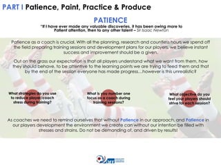 PART I Patience, Paint, Practice & Produce

PATIENCE

“If I have ever made any valuable discoveries, it has been owing more to
Patient attention, then to any other talent – Sir Isaac Newton

Patience as a coach is crucial. With all the planning, research and countless hours we spend off
the field preparing training sessions and development plans for our players, we believe instant
success and improvement should be a given.
Out on the grass our expectation is that all players understand what we want from them, how
they should behave, to be attentive to the learning points we are trying to feed them and that
by the end of the session everyone has made progress…however is this unrealistic?

What strategies do you use
to reduce player/coach
stress during training?

What is you number one
focus as a coach during
training sessions?

What objective do you
feel your players should
strive for each session?

As coaches we need to remind ourselves that without Patience in our approach, and Patience in
our players development the environment we create can without our intention be filled with
stresses and strains. Do not be demanding of, and driven by results!

 