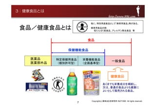 7
食品／健康食品とは
医薬品
医薬部外品
特定保健用食品
（個別許可型）
栄養機能食品
（企画基準型）
一般食品
保健機能食品
健康食品
あくまでも栄養成分を補給し、
又は、普通の食品よりも健康に
よいとして販売される食品。
食品
Copyright(c) 薬事法広告研究所 INATOME All rights reserved.
http://www.89ji.comhttp://www.89ji.com
他に、特別用途食品として「病者用食品」等がある。
病者用食品の例：
低たんぱく質食品、アレルゲン除去食品 等
3：健康食品とは
 