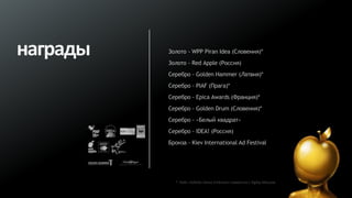 награды   Золото - WPP Piran Idea (Словения)*
          Золото - Red Apple (Россия)
          Серебро - Golden Hammer (Латвия)*
          Серебро - PIAF (Прага)*
          Серебро - Epica Awards (Франция)*
          Серебро - Golden Drum (Словения)*
          Серебро - «Белый квадрат»
          Серебро - IDEA! (Россия)
          Бронза - Kiev International Ad Festival




             * Кейс «Gillette Venus Embrace» совместно с Ogilvy Moscow
 