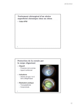 28/02/2010




Traitement chirurgical d’un ulc•re
superficiel chronique chez un chien
   Vidéo KPM




Protection de la corn‚e par
le corps clignotant
   Objectif
       Protection de la cornée
       Apport nutritionnel

   Indications
       Ulcères de type 1 et 2
        sans collagénolyse

   Réalisation pratique
       Transpalpébrale
       Conjonctivale




                                             12
 