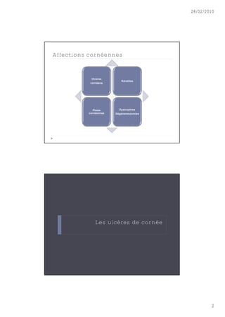 28/02/2010




Affections cornéennes


           Ulcères
                          Kératites
           cornéens




             Plaies      Dystrophies
          cornéennes   Dégénerescences




             Les ulcères de cornée




                                                 2
 