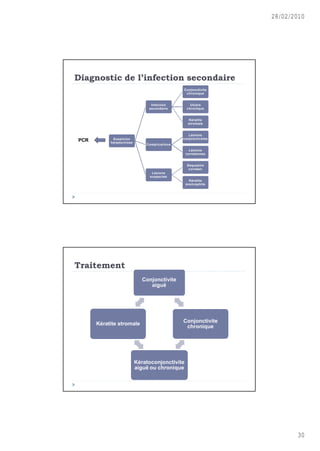 28/02/2010




Diagnostic de l’infection secondaire
                                              Conjonctivite
                                               chronique


                                Infection         Ulcère
                               secondaire       chronique


                                                 Kératite
                                                 stromale


                                                 Lésions
            Suspicion                         conjonctivales
PCR        herpesvirose
                              Complications
                                                  Lésions
                                                cornéennes


                                                Séquestre
                                                 cornéen
                                 Lésions
                                suspectes
                                                  Kératite
                                                éosinophile




Traitement
                             Conjonctivite
                                aiguë




      Kératite stromale                       Conjonctivite
                                               chronique




                          Kératoconjonctivite
                          aiguë ou chronique




                                                                      30
 