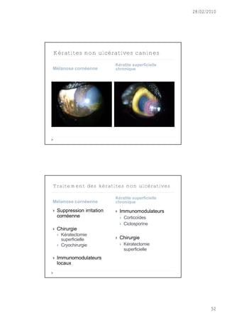 28/02/2010




Kératites non ulcératives canines
                             Kératite superficielle
Mélanose cornéenne           chronique




Traitement des kératites non ulcératives

                             Kératite superficielle
Mélanose cornéenne           chronique

   Suppression irritation      Immunomodulateurs
    cornéenne                       Corticoïdes
                                    Ciclosporine
   Chirurgie
       Kératectomie
        superficielle           Chirurgie
       Cryochirurgie               Kératectomie
                                     superficielle
   Immunomodulateurs
    locaux




                                                             52
 