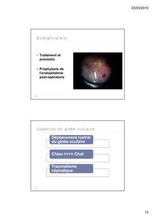 03/03/2010




Endophtalmie



   Traitement et
    pronostic

   Prophylaxie de
    l'endophtalmie
    post-opératoire




Luxation du globe oculaire

           Déplacement rostral
           du globe oculaire

           Chien >>>> Chat

           Traumatisme
           céphalique




                                        13
 