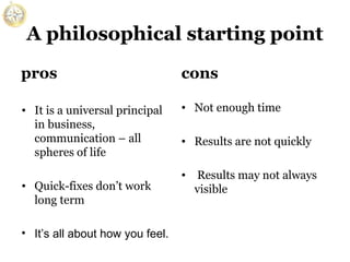 A philosophical starting point
pros

cons

• It is a universal principal
in business,
communication – all
spheres of life

• Not enough time

• Quick-fixes don’t work
long term
• It’s all about how you feel.

• Results are not quickly
• Results may not always
visible

 