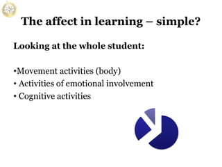 The affect in learning – simple?
Looking at the whole student:
•Movement activities (body)
• Activities of emotional involvement
• Cognitive activities

 