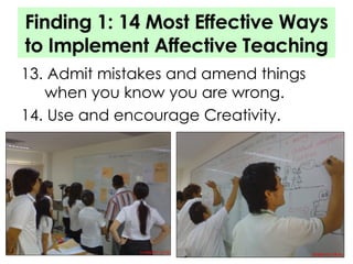 Finding 1: 14 Most Effective Ways to Implement Affective Teaching 13. Admit mistakes and amend things when you know you are wrong. 14. Use and encourage Creativity. 