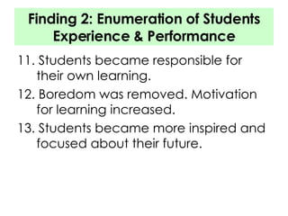 Finding 2: Enumeration of Students Experience & Performance 11. Students became responsible for their own learning. 12. Boredom was removed. Motivation for learning increased. 13. Students became more inspired and focused about their future. 