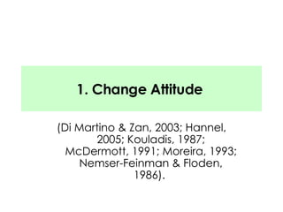 1. Change Attitude  (Di Martino & Zan, 2003; Hannel, 2005; Kouladis, 1987; McDermott, 1991; Moreira, 1993; Nemser-Feinman & Floden, 1986).  