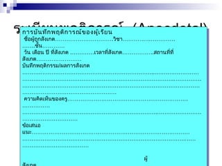 ระเบียนพฤติการณ์ (Anecdotal) การบันทึกพฤติการณ์ของผู้เรียน 
การบันทึกพฤติการณ์ของผู้เรียน 
ชื่อผู้ถูกสังเกต………………………….วิชา………………………. 
…….ชั้น………… 
วัน เดือน ปี ที่สังเกต .…………เวลาที่สังเกต……………..สถานททีี่่ 
สังเกต…………………… 
บันทึกพฤติกรรม/ผลการสังเกต 
……….……………………………………………………..…………………… 
……………………………………………………………………….…………… 
…………………………………………………………………………………… 
…………………………………………… 
ความคิดเห็นของครู………………………………………………………. 
…………… 
……………………………………………………………….…………………… 
………………………… 
ข้อเสนอ 
แนะ………………………………………………………………………… 
…………………………………………………………………………….…… 
……………………………… 
ชื่อผู้ถูกสังเกต………………………….วิชา………………………. 
…….ชั้น………… 
วัน เดือน ปี ที่สังเกต .…………เวลาที่สังเกต……………..สถานททีี่่ 
สังเกต…………………… 
บันทึกพฤติกรรม/ผลการสังเกต 
……….……………………………………………………..…………………… 
……………………………………………………………………….…………… 
…………………………………………………………………………………… 
…………………………………………… 
ความคิดเห็นของครู………………………………………………………. 
…………… 
……………………………………………………………….…………………… 
………………………… 
ข้อเสนอ 
แนะ………………………………………………………………………… 
…………………………………………………………………………….…… 
……………………………… 
ผู้ 
สังเกต…………………………... 
ผู้ 
สังเกต…………………………... 
 