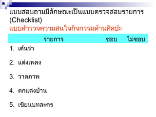 แบบสอบถามมีลักษณะเป็นแบบตรวจสอบรายการ 
(Checklist) 
แบบสำารวจความสนใจกิจกรรมด้านศิลปะ 
รายการ ชอบ ไม่ชอบ 
1. เต้นรำา 
2. แต่งเพลง 
3. วาดภาพ 
4. ตกแต่งบ้าน 
5. เขียนบทละคร 
 