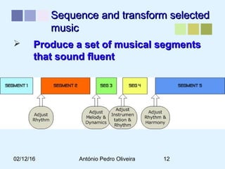 02/12/16 António Pedro Oliveira 12
Sequence and transform selectedSequence and transform selected
musicmusic
 Produce a set of musical segmentsProduce a set of musical segments
that sound fluentthat sound fluent
 