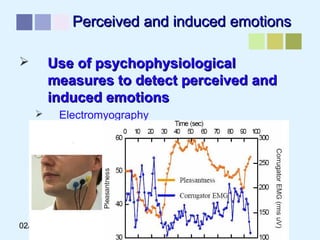02/12/16 António Pedro Oliveira 13
Perceived and induced emotionsPerceived and induced emotions
 Use of psychophysiologicalUse of psychophysiological
measures to detect perceived andmeasures to detect perceived and
induced emotionsinduced emotions
 Electromyography
 