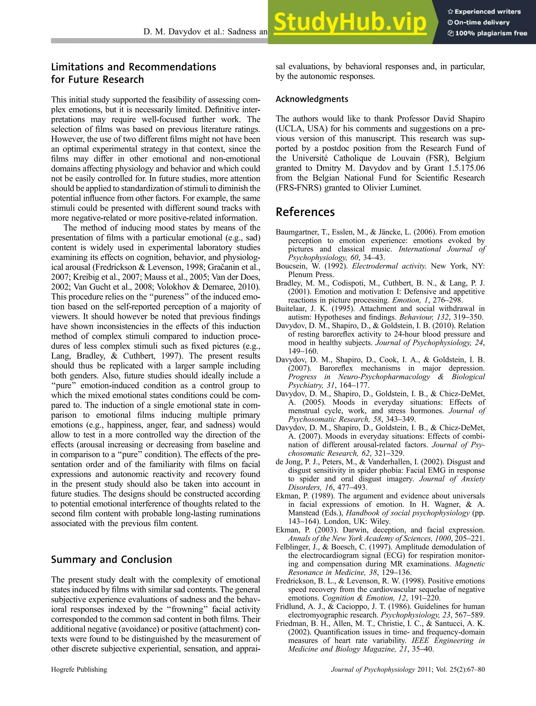 Affective Context Of Sadness And Physiological Response Patterns | PDF