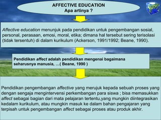 AFFECTIVE EDUCATION
                             Apa artinya ?



Affective education menunjuk pada pendidikan untuk pengembangan sosial,
personal, perasaan, emosi, moral, etika; dimana hal tersebut sering terisolasi
(tidak tersentuh) di dalam kurikulum (Ackerson, 1991/1992; Beane, 1990).



      Pendidikan affect adalah pendidikan mengenai bagaimana
      seharusnya manusia, …( Beane, 1990 )




Pendidikan pengembangan affective yang merujuk kepada sebuah proses yang
dengan sengaja mengintervensi perkembangan para siswa ; bisa memasukkan
affect sebagai bagian dari mata pelajaran tertentu,yang mungkin diintegrasikan
kedalam kurikulum, atau mungkin masuk ke dalam bahan pengajaran yang
terpisah untuk pengembangan affect sebagai proses atau produk akhir.
 