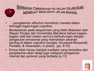 •  ....pengalaman affective membantu mereka dalam
  berbagai tugas-tugas cognitive.
• Berdasarkan pada eksperimen yang telah dilakukan oleh
  Stepen Porges dari Universitas Maryland bahwa bagian-
  bagian otak dan sistem nervous berhubungan dengan
  pengaturan emosional yang memainkan peranan
  penting di dalam cognition (porges, Doussard-Roosevelt,
  Portales, & Greenspan, in press). (pp. 9-10).
• Emosi tidak hanya menjadi mediator yang kompleks dari
  pengalaman akan tetapi juga melayani pengaturan
  internal dan peranan yang berbeda (p.13)
 